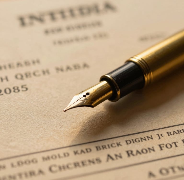 Macro close-up of a vintage brass fountain pen resting on official Indian tax clearance papers, warm golden-hour library light, rich paper texture, shallow depth of field, 35mm
