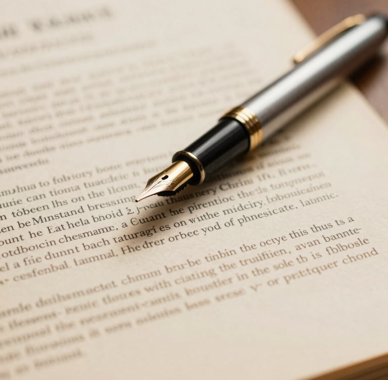 Close-up of a vintage fountain pen resting on official legal documents, warm library daylight, shallow depth of field, 35mm