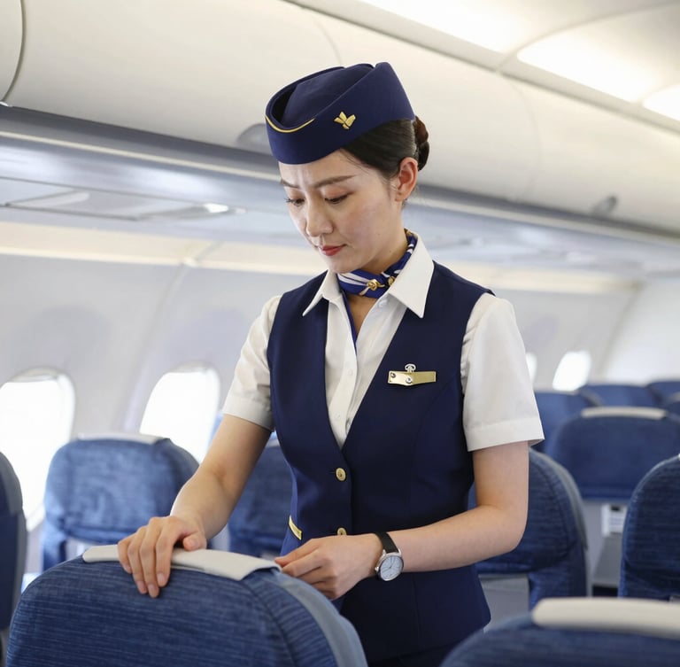 A professional female flight attendant instructor in a pristine navy and gold uniform, demonstrating safety procedures inside a brightly lit modern mock cabin, crisp editorial photography, 35mm lens