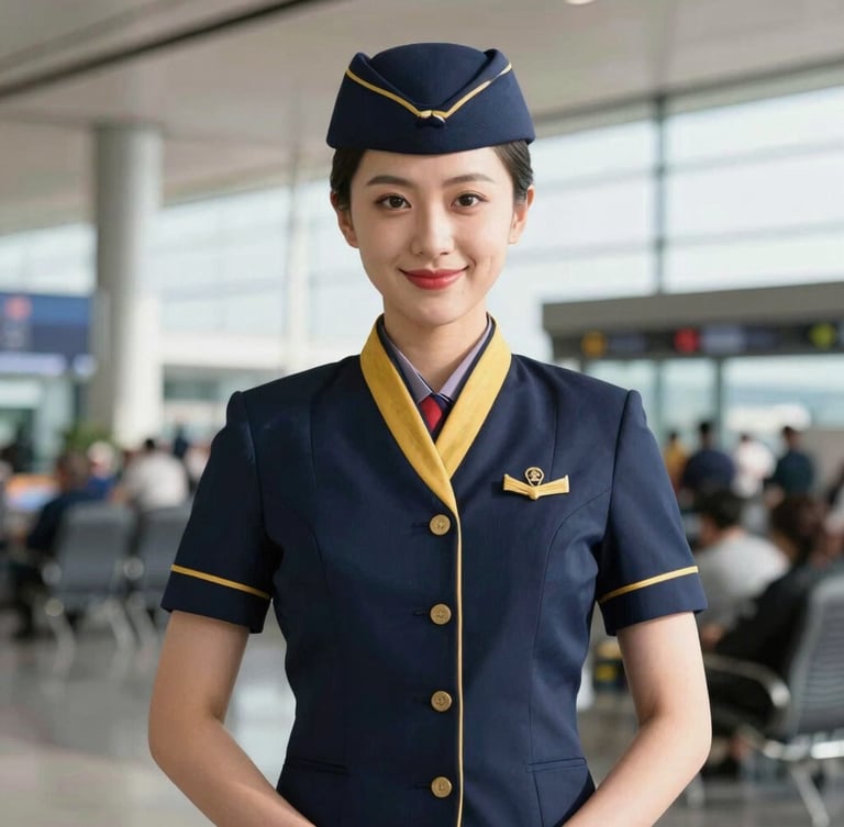 Portrait of a female flight attendant in an immaculate navy and gold uniform, smiling confidently, bright natural daylight, airport terminal background, 35mm lens