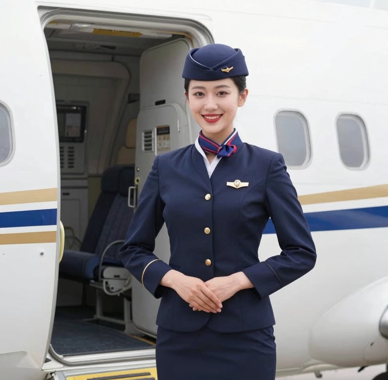 Pristine flight attendant student in immaculate navy uniform smiling warmly next to an aircraft door, bright natural daylight, 35mm lens