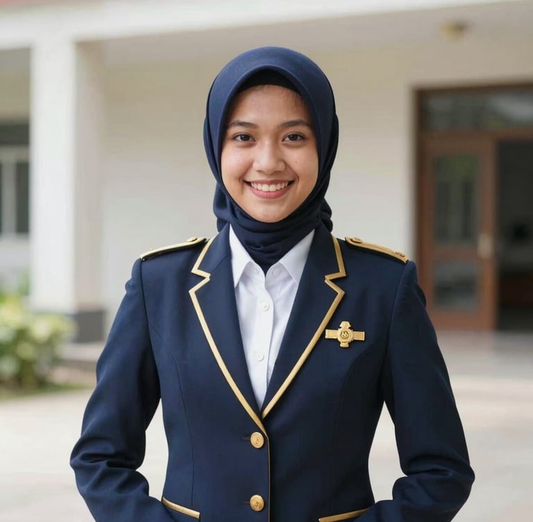 Foto editorial portrait siswa CFAA berpakaian seragam pramugari lengkap dengan pin emas, tersenyum ramah dengan postur tegak sempurna, pencahayaan alami studio yang terang.