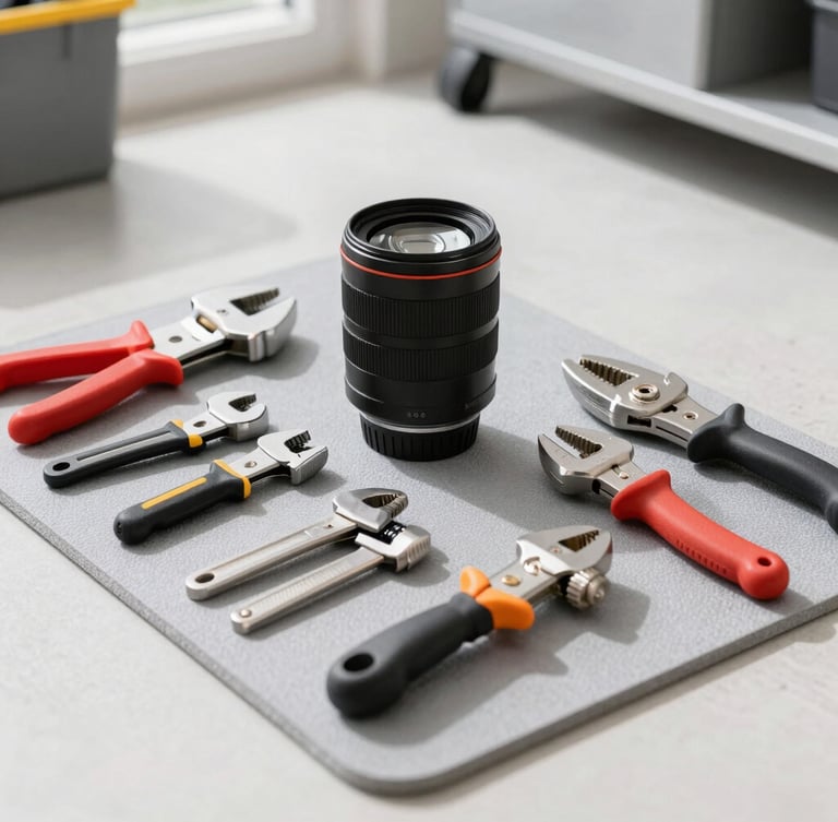 Professional plumbing tools laid out neatly on a clean grey work mat inside a bright utility room, high-contrast details.