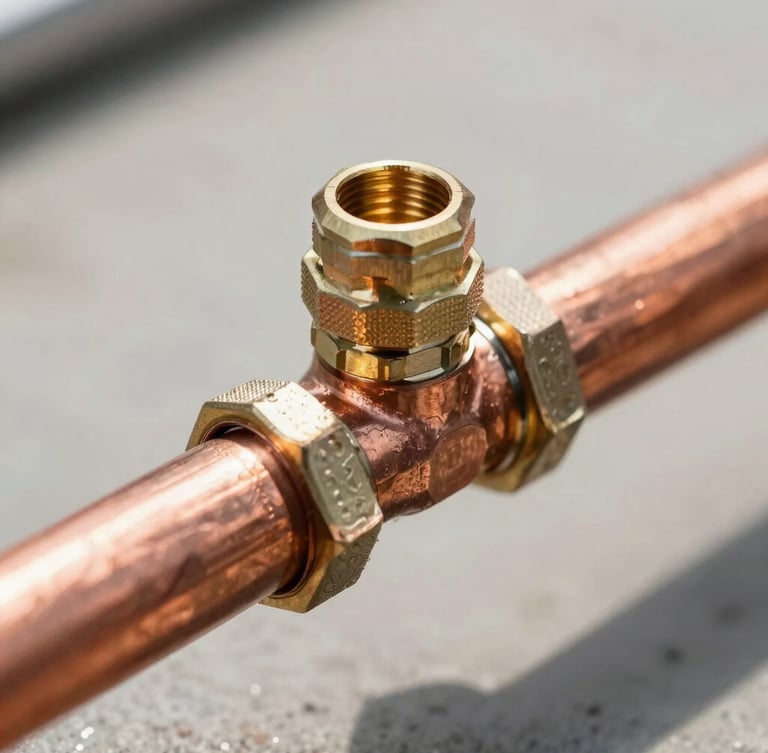 Close-up of clean copper pipe joints being secured with professional brass fittings under bright daylight, sharp industrial details.