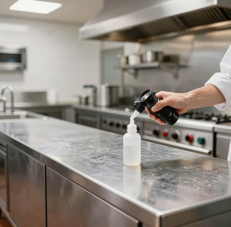 Spotless commercial restaurant kitchen in Brussels, stainless steel counters, bright clinical lighting, professional exterminator applying gel discreetly, 35mm lens