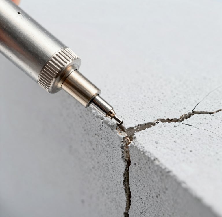 Clinical macro photography of a metal precision nozzle applying specialized gel treatment to a structural wall crack, bright clinical lighting, sharp focus, 35mm lens