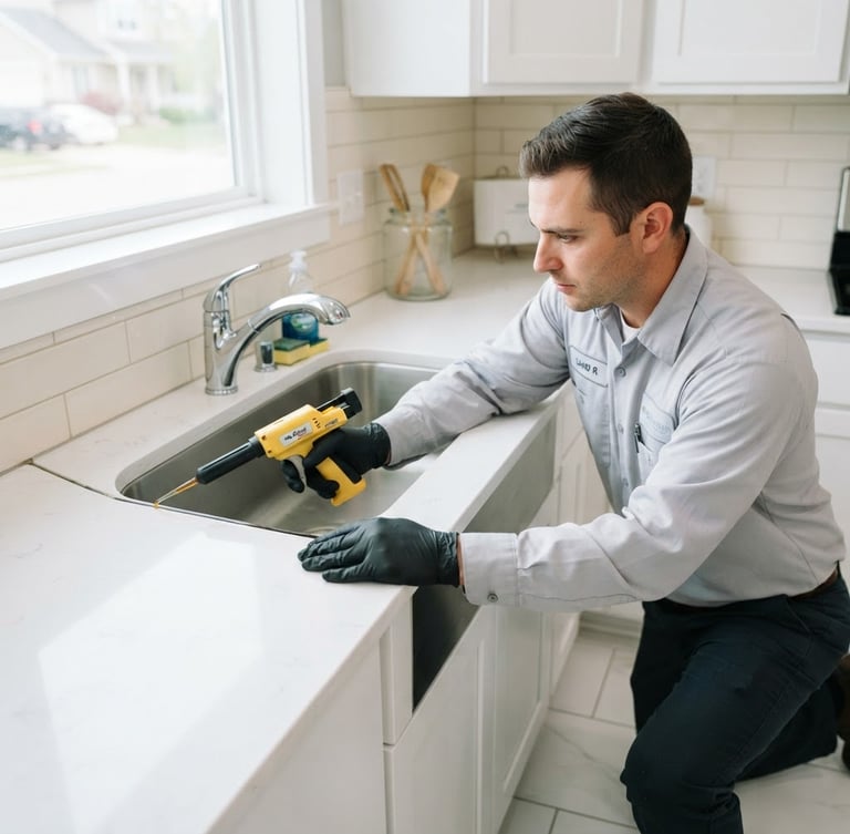 Clinical editorial photography of a technician in light grey uniform applying professional anti-cockroach gel in a clean kitchen corner, bright daylight, sharp focus, 35mm lens
