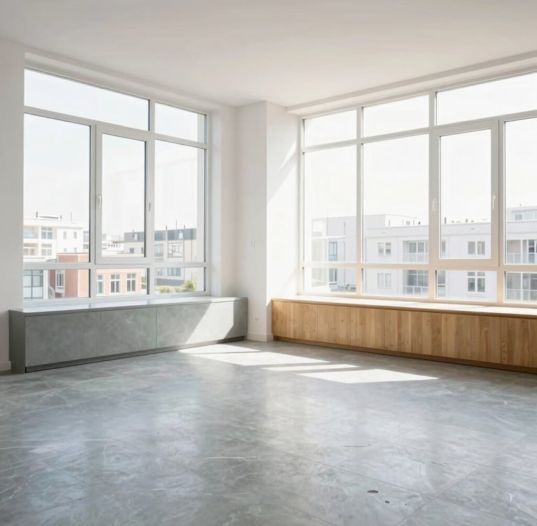 Bright clean modern Brussels apartment living room, daylight pouring through large windows, spotless surfaces, clinical editorial photography, cool slate tones