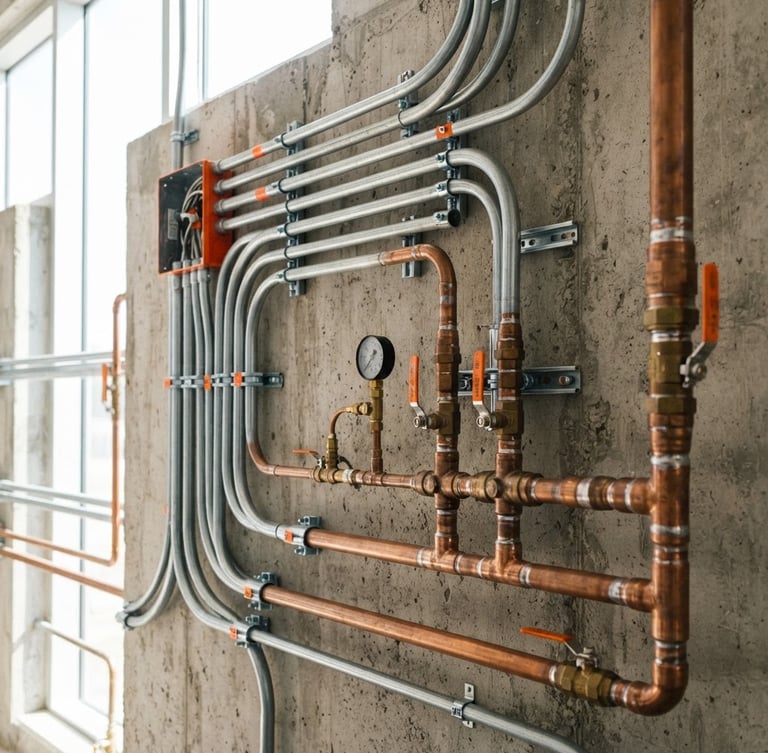 Crisp industrial interior, close-up of clean electrical conduit runs and copper pipe manifolds on a concrete wall, bright daylight, 35mm lens.