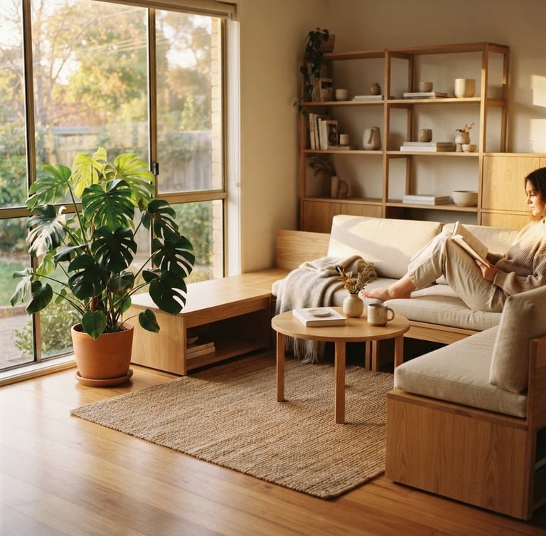 Medium shot of a warm minimalist living room with modular wooden furniture, soft afternoon sunlight streaming through window, indoor monstera plant, 35mm photography