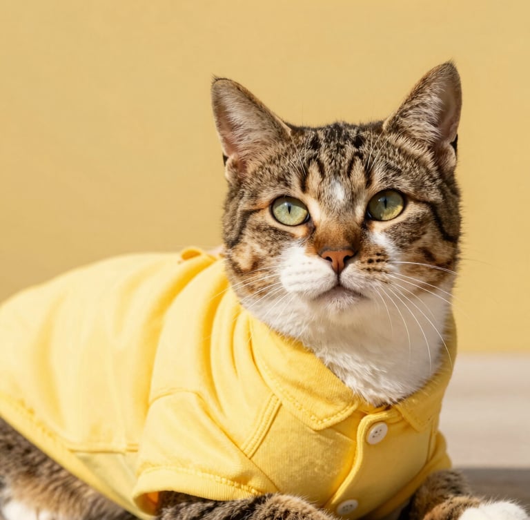 vibrant editorial pet photography, warm natural daylight, a beautiful tabby cat wearing a tailored soft yellow shirt, looking relaxed and playful, close-up details of stitching, 35mm
