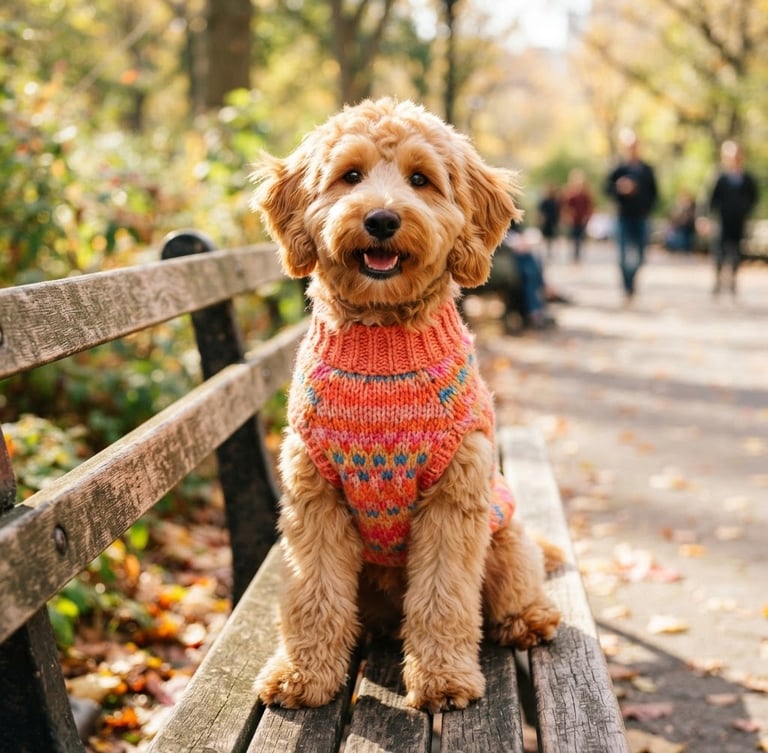 vibrant editorial pet photography, bright warm natural daylight, a happy fluffy dog wearing a colorful handmade coral sweater, sitting comfortably on a sunny park bench, 35mm