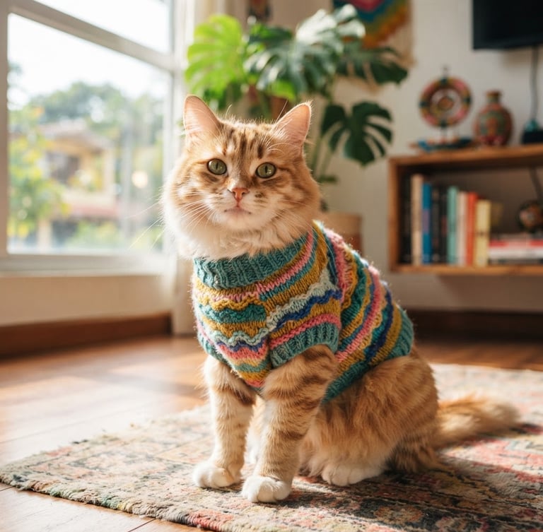 Vibrant eye-level portrait of a happy fluffy cat wearing a colorful handmade knit sweater, sitting comfortably in a sunlit room in Guayaquil, 35mm