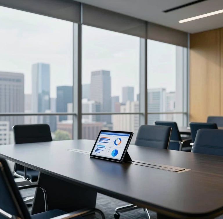 Wide shot of a modern, minimalist executive boardroom with large windows overlooking a city skyline, a tablet displaying analytics on the table. Soft, natural daylight. Deep navy and gold accents.