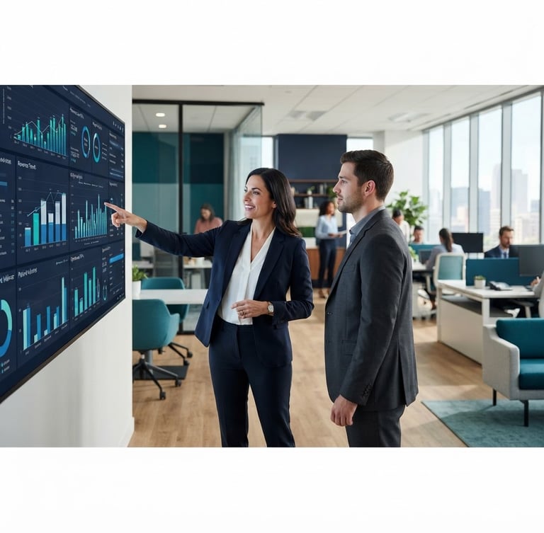 Wide panoramic modern hospital administration office, digital dashboards showing financial metrics, a professional woman in a navy blazer pointing at a screen, bright natural office light, teal and navy tones, sharp focus, 35mm lens, subject slightly to the left, generous negative space on the right.