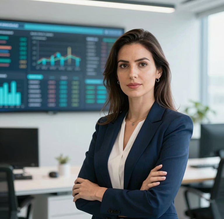 Professional woman (Kátia Gois) looking confidently at the camera, in a modern office, with a blurred background of a digital financial dashboard, professional portrait, soft daylight, teal and navy accents.