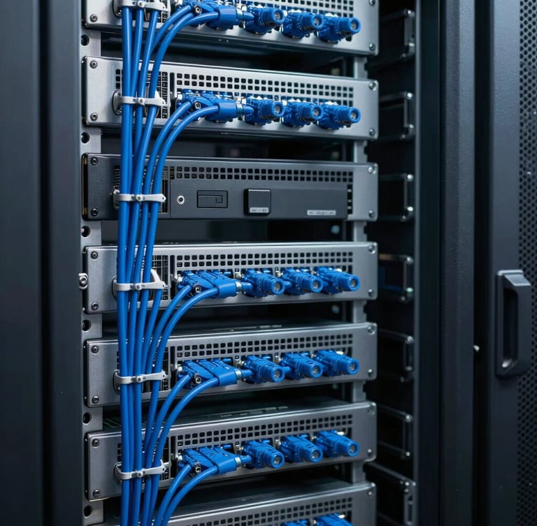 Close-up of clean, organized server racks with neat blue cabling, cool cobalt lighting, high-tech professional atmosphere.