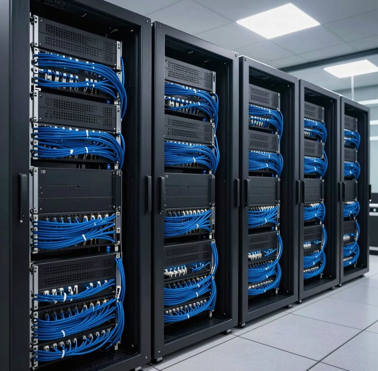 Wide environmental shot of organized server racks with neat blue cabling, cool high-tech lighting, clean corporate atmosphere.