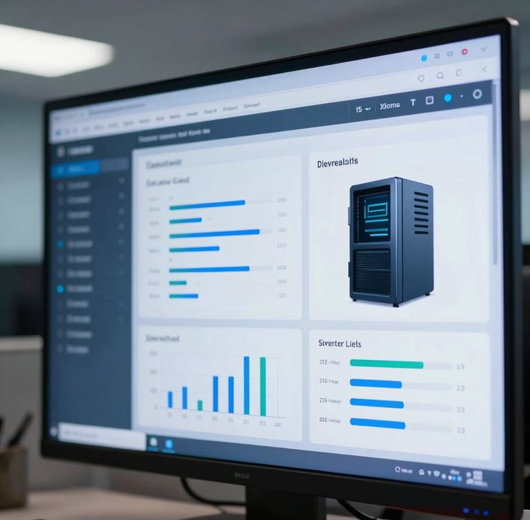 Close-up of a modern secure cloud dashboard displaying real-time server metrics on a screen in a corporate office, cool blue lighting