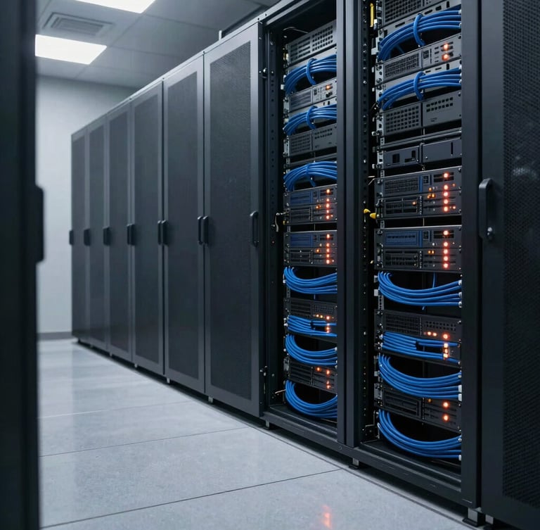 Wide shot of a clean, modern server room with organized blue cabling and status lights reflecting on a polished floor.
