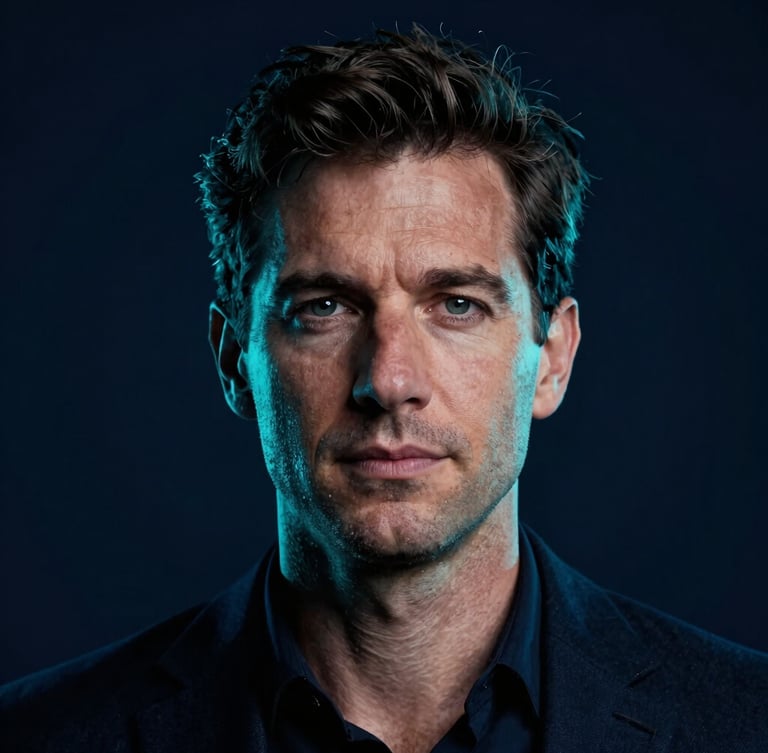 Cinematic close-up portrait of a trustworthy French male founder in a dark navy studio, subtle cyan neon rim lighting, high contrast, professional, 35mm photography