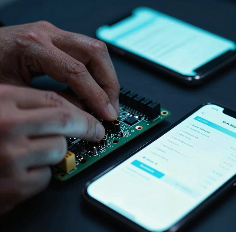 Macro shot of calloused hands working on an electrical board, contrasted with a glowing smartphone screen displaying automated invoice metrics, moody cyan neon rim lighting, deep navy background, high contrast, 35mm