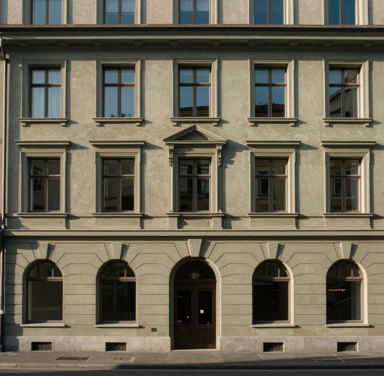 Minimalistische, geradlinige Außenaufnahme eines historischen Sandsteingebäudes an der Rue du Simplon in Lausanne, weiches Tageslicht, Fokus auf architektonische Details und Symmetrie.