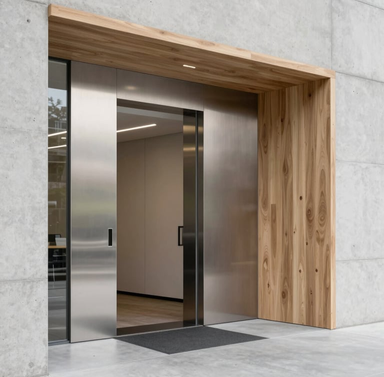 Interior detail of a modern Swiss office entrance, showing high-quality brushed metal surfaces, clean concrete walls, and light oak elements, illuminated by soft diffused daylight.