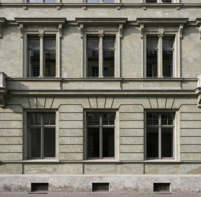 Straight-on architectural elevation of historic Lausanne stone facade, soft diffused daylight, clean structural lines, unpopulated, professional framing.