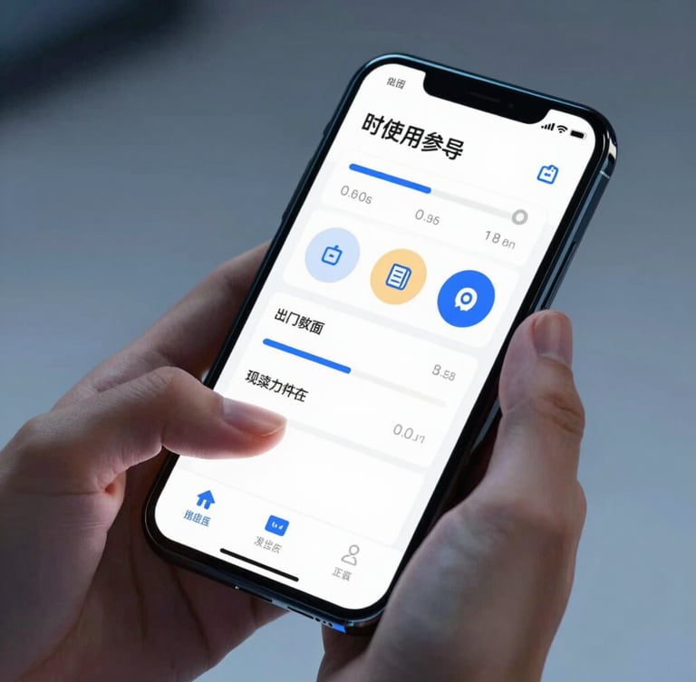 Close-up of hands using a mobile device displaying a clean automation dashboard, cool studio lighting with subtle electric blue highlights, sharp focus