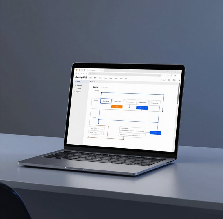 Modern minimalist workspace, clean laptop screen showing automated workflow diagrams, cool high-contrast studio lighting with subtle electric blue highlights, sharp focus, 35mm
