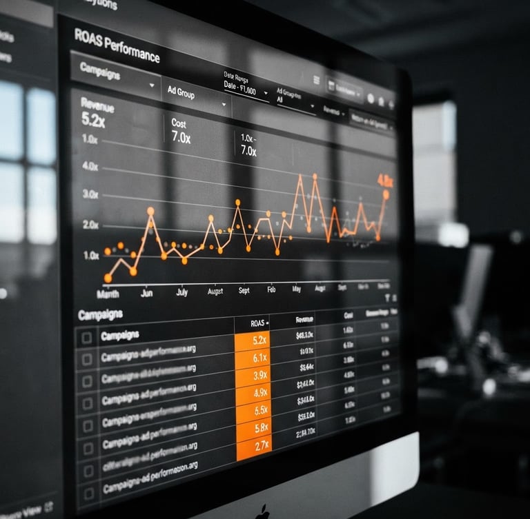 High-resolution close-up of an analytics dashboard displaying ROAS metrics, cool-toned office light, sharp shadows, monochrome with safety orange data points, 35mm lens