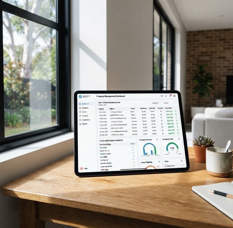 A crisp screenshot of a clean property management dashboard on a tablet, showing rent ledger reconciliation and state-specific compliance checkmarks, placed on a wooden desk next to a window with bright natural daylight and sharp shadows.