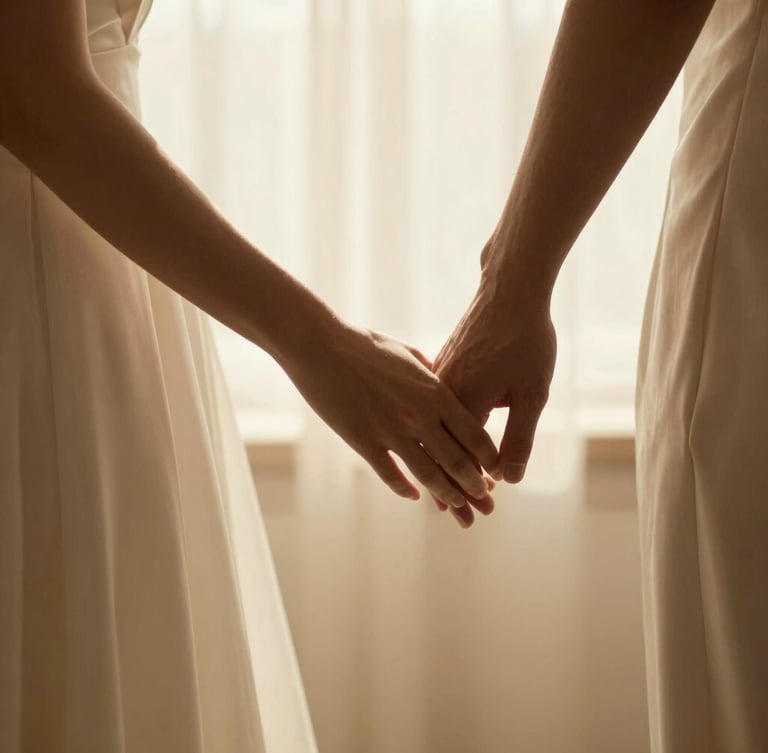 Intimate couple interaction, soft warm golden hour light, hands gently touching, wedding dress fabric detail, shallow depth of field