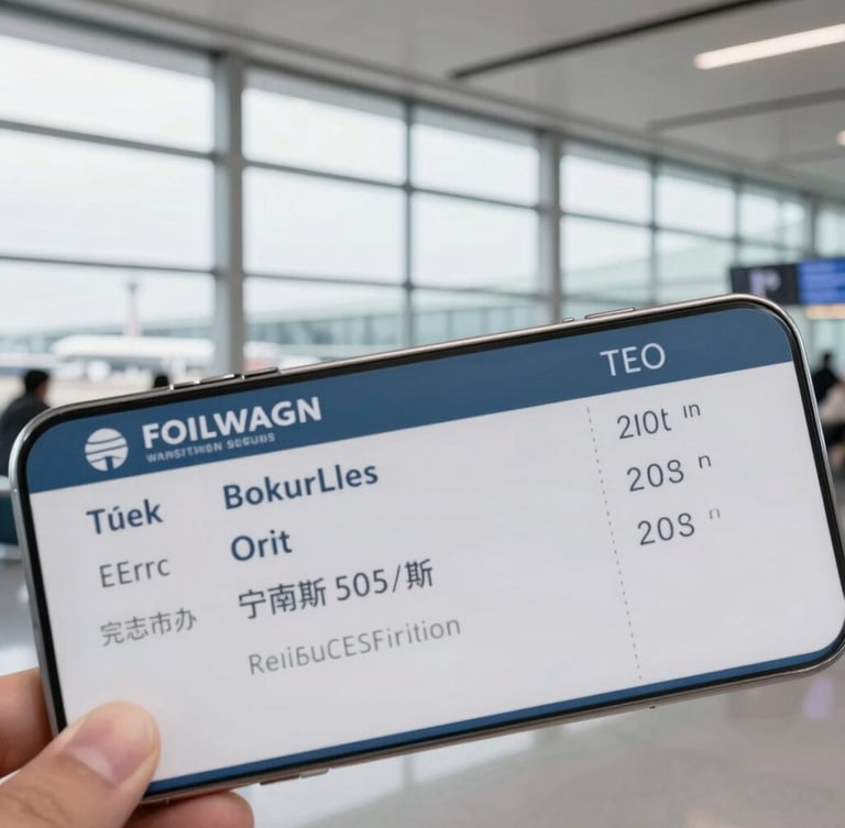 Close-up of a digital boarding pass on a smartphone screen, held in front of a clean, modern airport terminal window, bright overcast daylight, sharp focus.