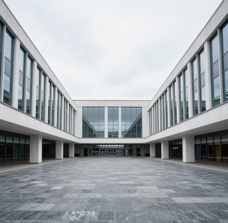 Symmetrical architectural wide-angle shot of a modern European train station terminal, bright overcast daylight, cool slate and white tones, sharp focus.