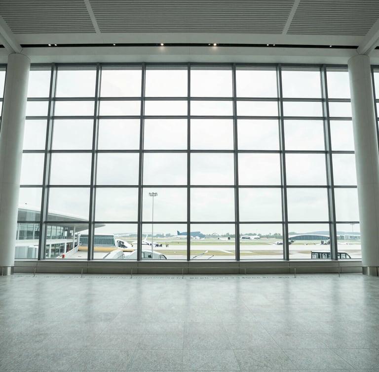 Symmetrical wide-angle shot of a modern glass-and-steel airport terminal interior, bright overcast daylight streaming through high windows, cool slate tones, sharp focus.