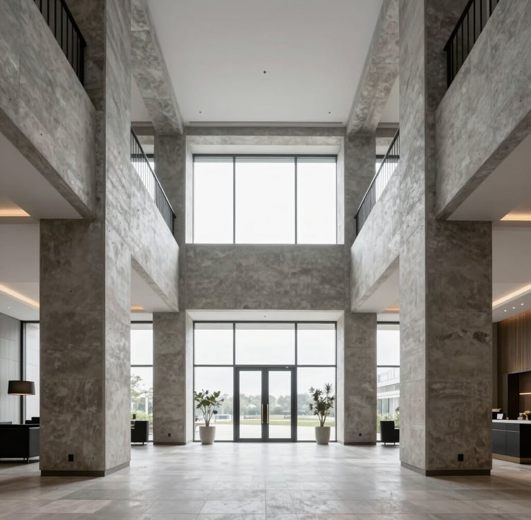 Symmetrical wide-angle shot of a modern hotel lobby with architectural concrete columns, cool slate tones, bright overcast daylight through high windows.