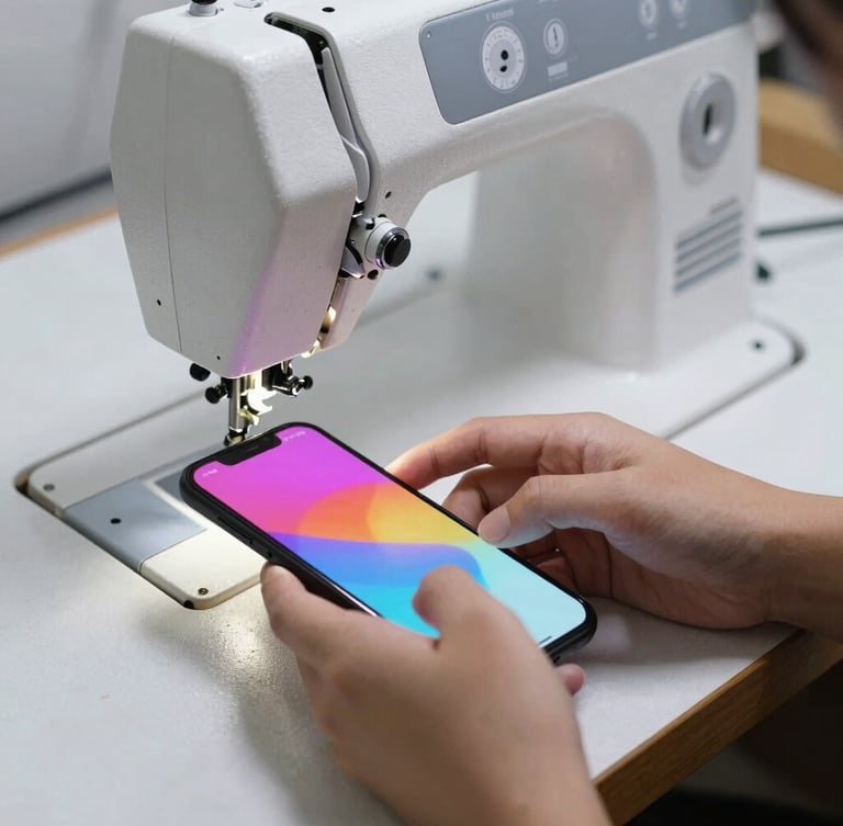 Close-up of hands operating a smartphone next to a sewing machine, vibrant screen glow, high contrast workshop lighting, shallow depth of field
