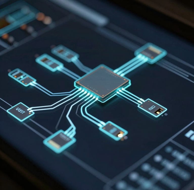 Macro close-up of a game system architecture diagram on a dark screen, glowing electric mint connection lines, clean tech aesthetic, low-key atmospheric lighting