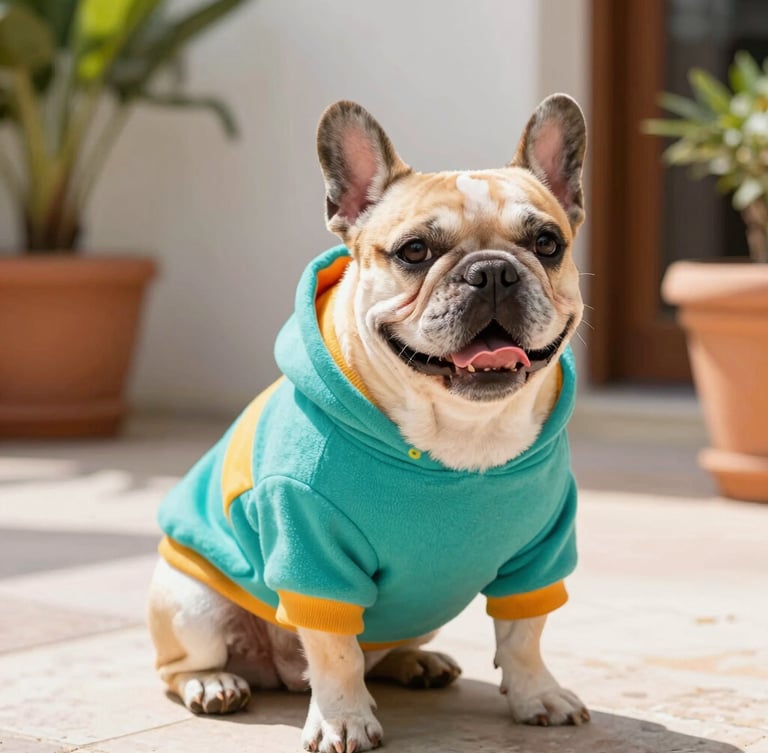 bright lifestyle pet photography, warm natural daylight, vibrant cheerful tones, shallow depth of field, 35mm lens. Eye-level shot of a happy French Bulldog wearing a colorful handmade teal hoodie, sitting on a sunny patio in Mexico.