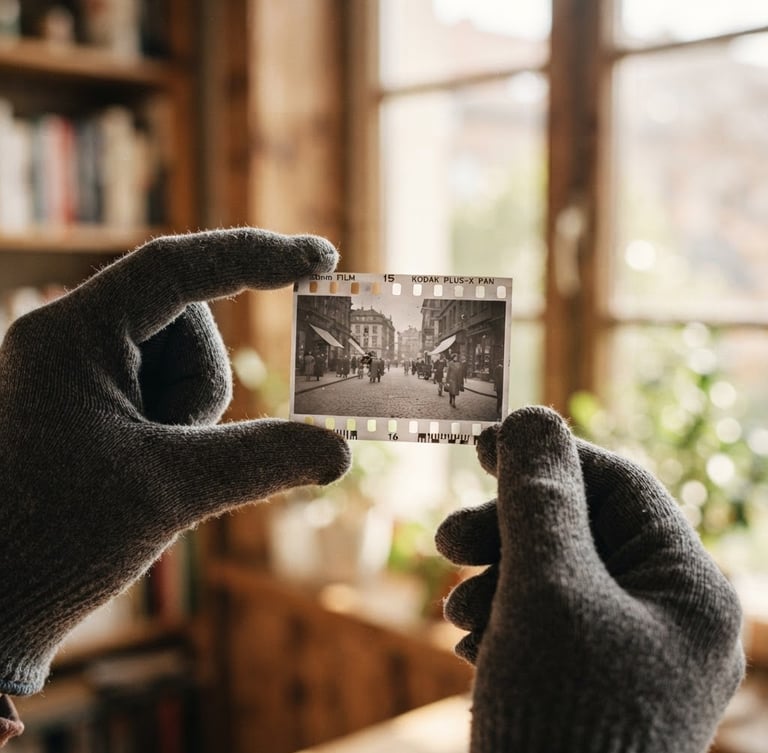 Close-up of gloved hands gently holding a vintage film negative up to soft window light, shallow depth of field, rich nostalgic tones.