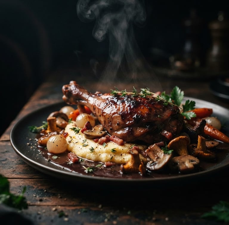 Dramatic close-up of a perfectly plated European dish, steam rising, dark moody background, high contrast, single-source side lighting, rich shadows, macro lens, cinematic depth of field