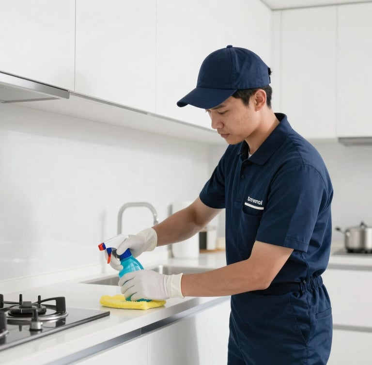 Professional cleaner in neat branded uniform meticulously detailing a pristine modern kitchen, bright natural light, clean navy and white tones, sharp focus, 35mm