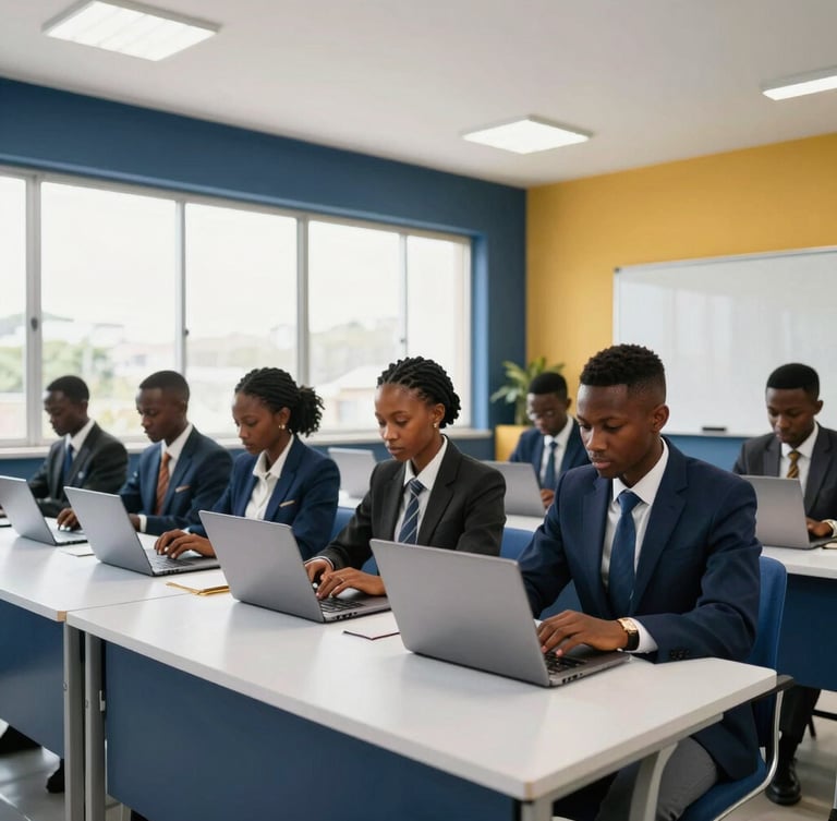 Wide angle photograph of a modern bright classroom in Abidjan, professional West African students with laptops collaborating, natural window light, navy and gold accents, 35mm