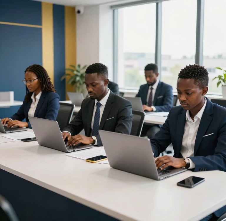 Modern corporate training room in Treichville Abidjan, natural window light illuminating professional learners with laptops, clean navy and gold accents, 35mm