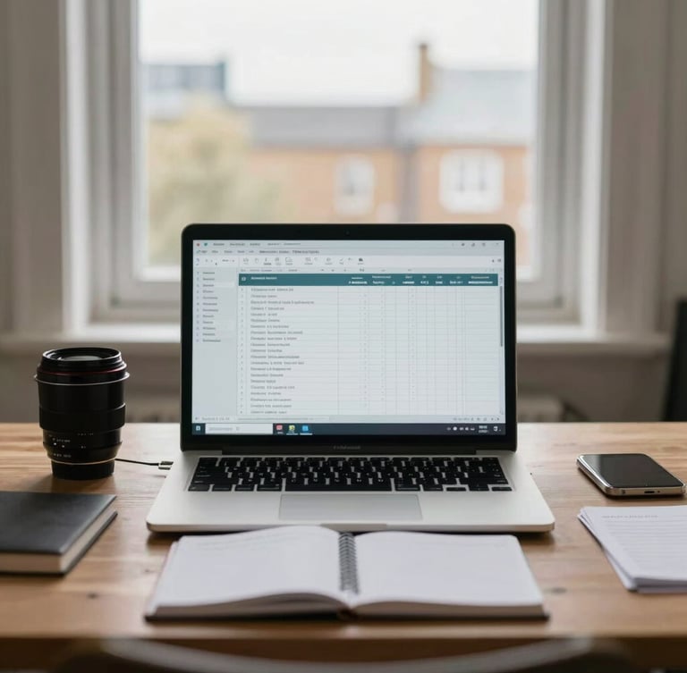 Straight-on eye-level view of an organized desk in London, a clean laptop displaying a spreadsheet, a notebook with clear tasks, bright neutral overcast light from a window.