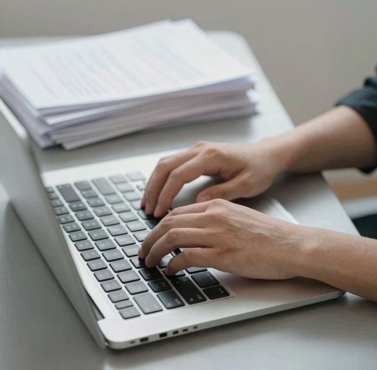 Close-up of hands typing on a laptop keyboard alongside neatly stacked paper documents on a slate grey desk, neutral bright daylight