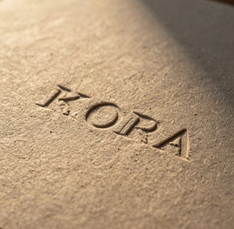 Extreme macro close-up of heavy, textured handmade paper with debossed organic branding, warm golden hour light casting deep shadows.