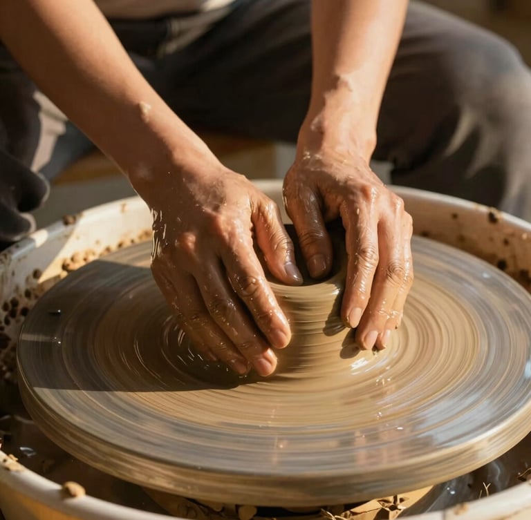 Low-angle close-up of hands pressing wet clay on a wooden wheel, warm golden hour light casting long shadows, raw texture.